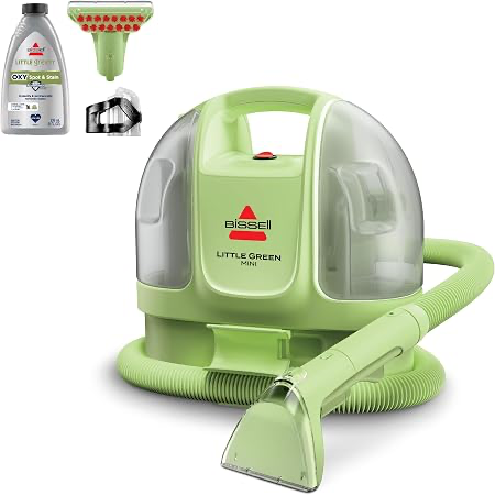 BISSELL Little Green Mini portable cleaner with hose, tool, and cleaning solution.