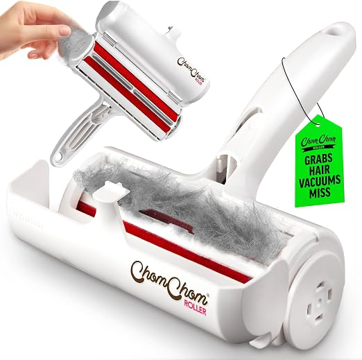 ChomChom Roller pet hair remover shown open with collected hair in its chamber.